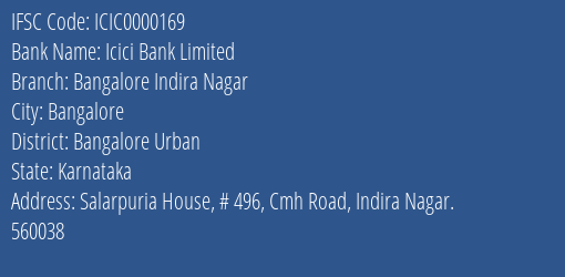 Icici Bank Limited Bangalore Indira Nagar Branch, Branch Code 000169 & IFSC Code ICIC0000169