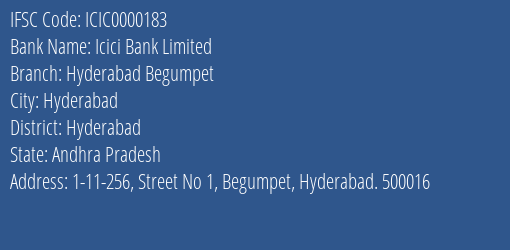 Icici Bank Limited Hyderabad Begumpet Branch IFSC Code