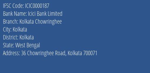 Icici Bank Limited Kolkata Chowringhee Branch, Branch Code 000187 & IFSC Code ICIC0000187