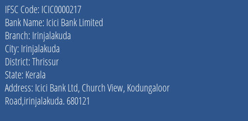 Icici Bank Limited Irinjalakuda Branch, Branch Code 000217 & IFSC Code ICIC0000217