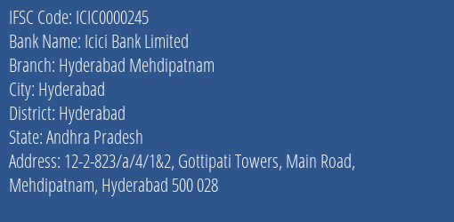 Icici Bank Limited Hyderabad Mehdipatnam Branch IFSC Code
