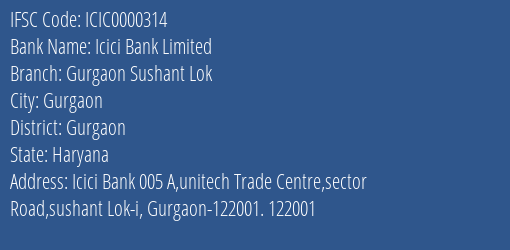 Icici Bank Limited Gurgaon Sushant Lok Branch, Branch Code 000314 & IFSC Code ICIC0000314