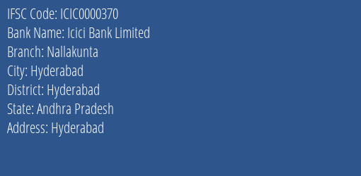 Icici Bank Limited Nallakunta Branch IFSC Code