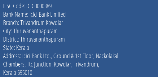 Icici Bank Limited Trivandrum Kowdiar Branch, Branch Code 000389 & IFSC Code ICIC0000389