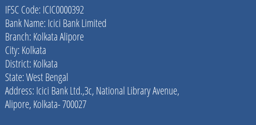 Icici Bank Limited Kolkata Alipore Branch IFSC Code