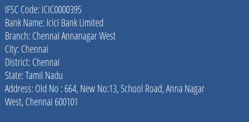 Icici Bank Limited Chennai Annanagar West Branch IFSC Code