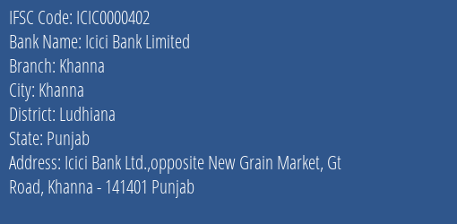 Icici Bank Limited Khanna Branch IFSC Code
