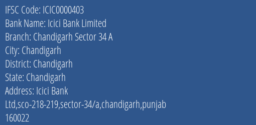 Icici Bank Limited Chandigarh Sector 34 A Branch IFSC Code