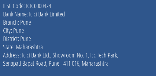 Icici Bank Limited Pune Branch, Branch Code 000424 & IFSC Code ICIC0000424