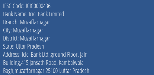 Icici Bank Limited Muzaffarnagar Branch, Branch Code 000436 & IFSC Code ICIC0000436