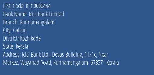 Icici Bank Kunnamangalam Branch Kozhikode IFSC Code ICIC0000444