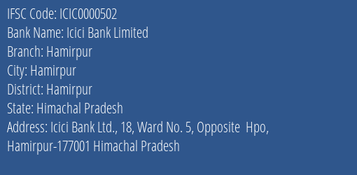 Icici Bank Limited Hamirpur Branch, Branch Code 000502 & IFSC Code ICIC0000502