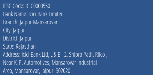 Icici Bank Limited Jaipur Mansarovar Branch IFSC Code