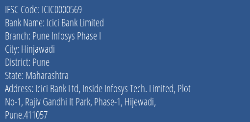 Icici Bank Limited Pune Infosys Phase I Branch, Branch Code 000569 & IFSC Code ICIC0000569