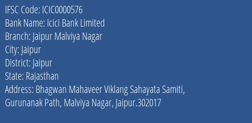 Icici Bank Limited Jaipur Malviya Nagar Branch IFSC Code