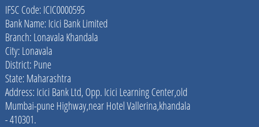 Icici Bank Limited Lonavala Khandala Branch, Branch Code 000595 & IFSC Code ICIC0000595