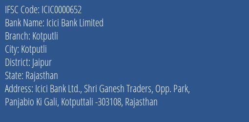Icici Bank Limited Kotputli Branch IFSC Code