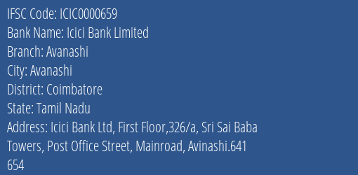 Icici Bank Limited Avanashi Branch, Branch Code 000659 & IFSC Code ICIC0000659