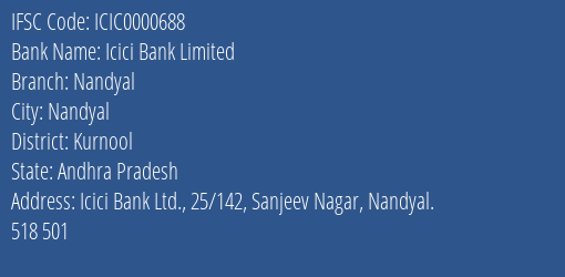 Icici Bank Nandyal Branch Kurnool IFSC Code ICIC0000688