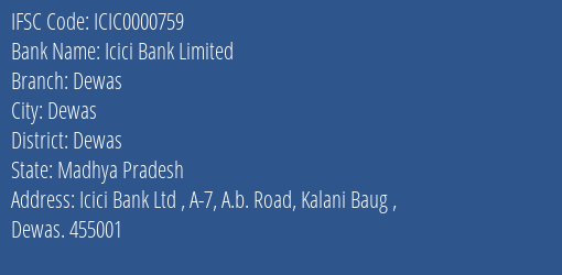 Icici Bank Dewas Branch Dewas IFSC Code ICIC0000759