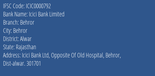 Icici Bank Limited Behror Branch, Branch Code 000792 & IFSC Code Icic0000792