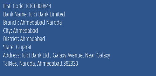 Icici Bank Limited Ahmedabad Naroda Branch IFSC Code