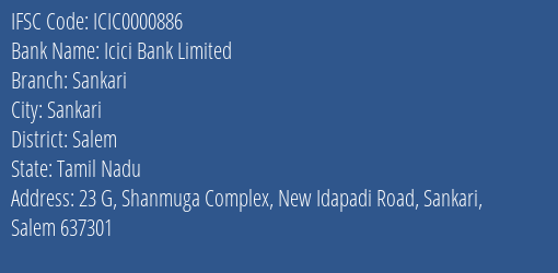 Icici Bank Limited Sankari Branch, Branch Code 000886 & IFSC Code ICIC0000886
