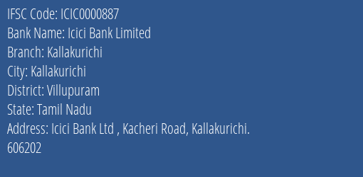 Icici Bank Limited Kallakurichi Branch, Branch Code 000887 & IFSC Code ICIC0000887