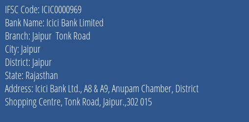Icici Bank Limited Jaipur Tonk Road Branch IFSC Code