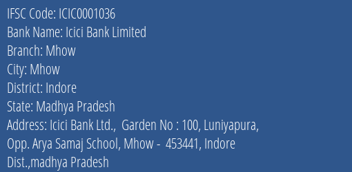 Icici Bank Mhow Branch Indore IFSC Code ICIC0001036