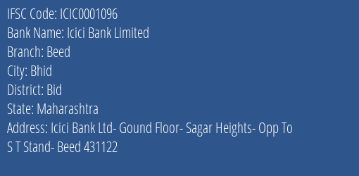 Icici Bank Limited Beed Branch, Branch Code 001096 & IFSC Code ICIC0001096