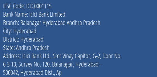 Icici Bank Balanagar Hyderabad Andhra Pradesh Branch Hyderabad IFSC Code ICIC0001115