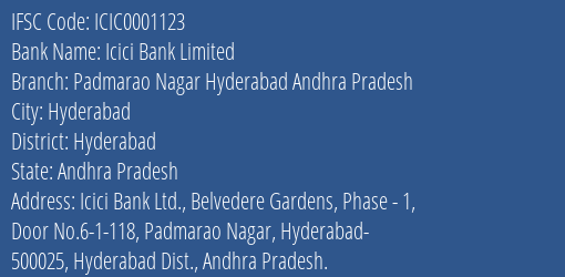 Icici Bank Padmarao Nagar Hyderabad Andhra Pradesh Branch Hyderabad IFSC Code ICIC0001123