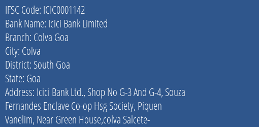 Icici Bank Limited Colva Goa Branch IFSC Code