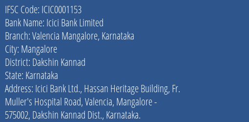 Icici Bank Limited Valencia Mangalore Karnataka Branch, Branch Code 001153 & IFSC Code ICIC0001153
