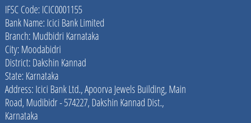 Icici Bank Limited Mudbidri Karnataka Branch IFSC Code