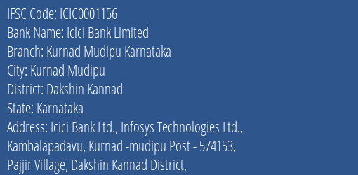 Icici Bank Limited Kurnad Mudipu Karnataka Branch, Branch Code 001156 & IFSC Code ICIC0001156