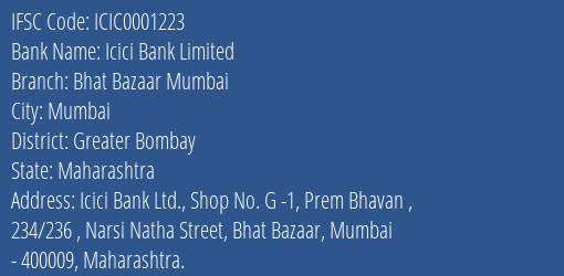 Icici Bank Bhat Bazaar Mumbai Branch Greater Bombay IFSC Code ICIC0001223