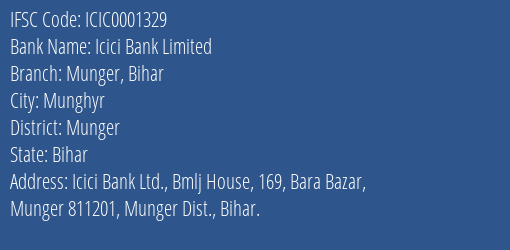 Icici Bank Limited Munger Bihar Branch, Branch Code 001329 & IFSC Code ICIC0001329