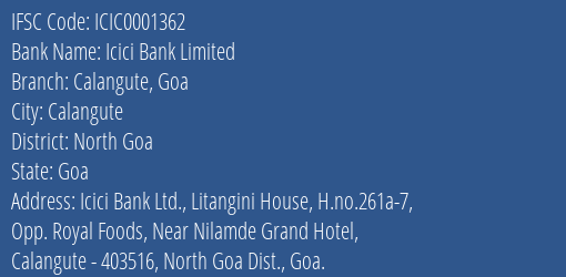 Icici Bank Limited Calangute Goa Branch IFSC Code