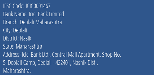 Icici Bank Limited Deolali Maharashtra Branch, Branch Code 001467 & IFSC Code ICIC0001467