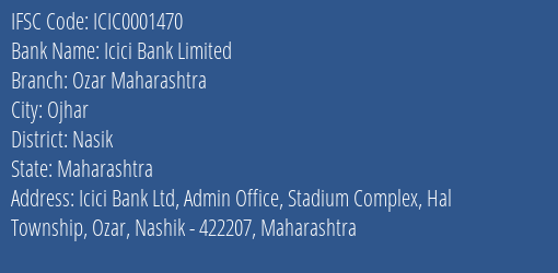 Icici Bank Limited Ozar Maharashtra Branch IFSC Code