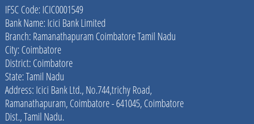 Icici Bank Limited Ramanathapuram Coimbatore Tamil Nadu Branch IFSC Code