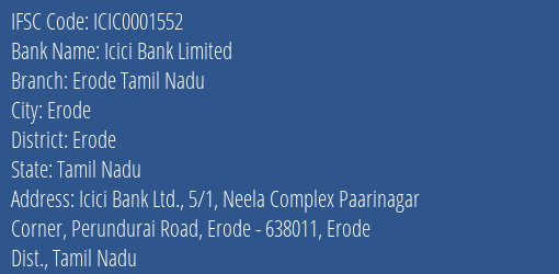 Icici Bank Limited Erode Tamil Nadu Branch IFSC Code