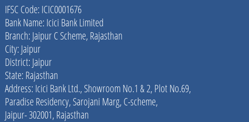 Icici Bank Limited Jaipur C Scheme Rajasthan Branch IFSC Code