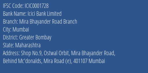 Icici Bank Mira Bhayander Road Branch Branch Greater Bombay IFSC Code ICIC0001728