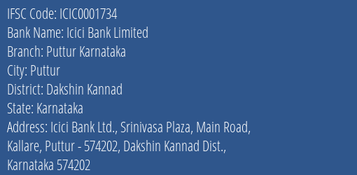 Icici Bank Limited Puttur Karnataka Branch, Branch Code 001734 & IFSC Code ICIC0001734