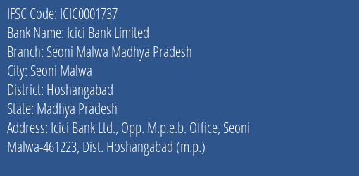 Icici Bank Seoni Malwa Madhya Pradesh Branch Hoshangabad IFSC Code ICIC0001737