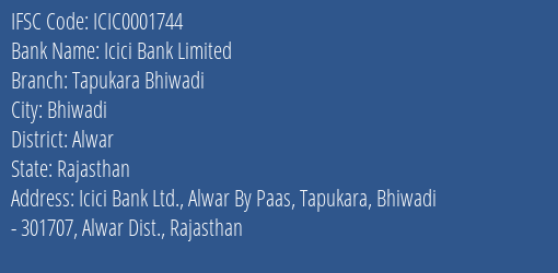 Icici Bank Tapukara Bhiwadi Branch Alwar IFSC Code ICIC0001744