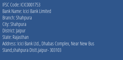 Icici Bank Limited Shahpura Branch IFSC Code